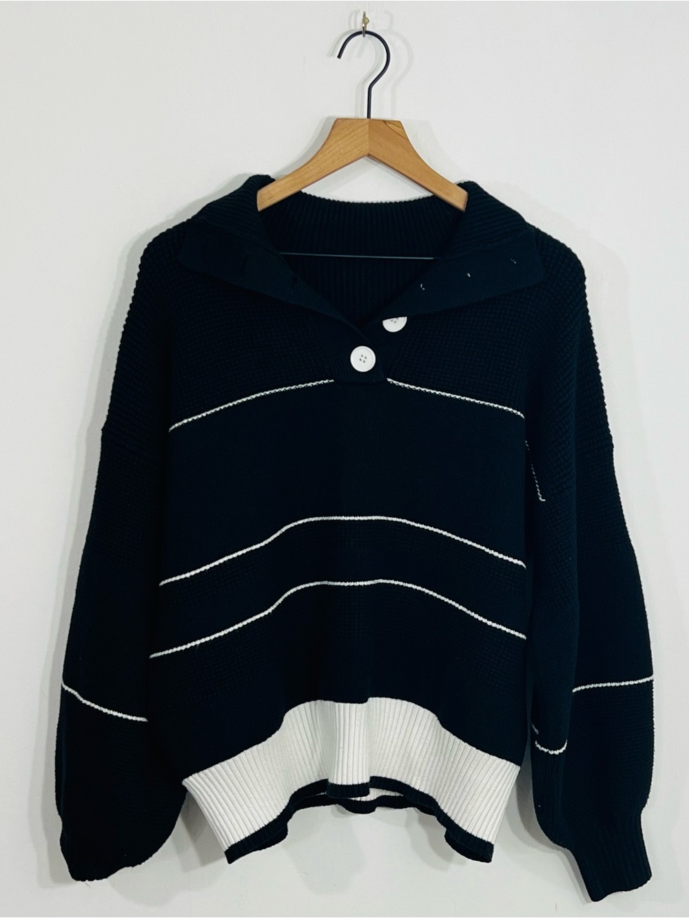 Chouyatou Slouchy Waffle Knit Sweater 1/2 Button Front Polo Collared Striped XL